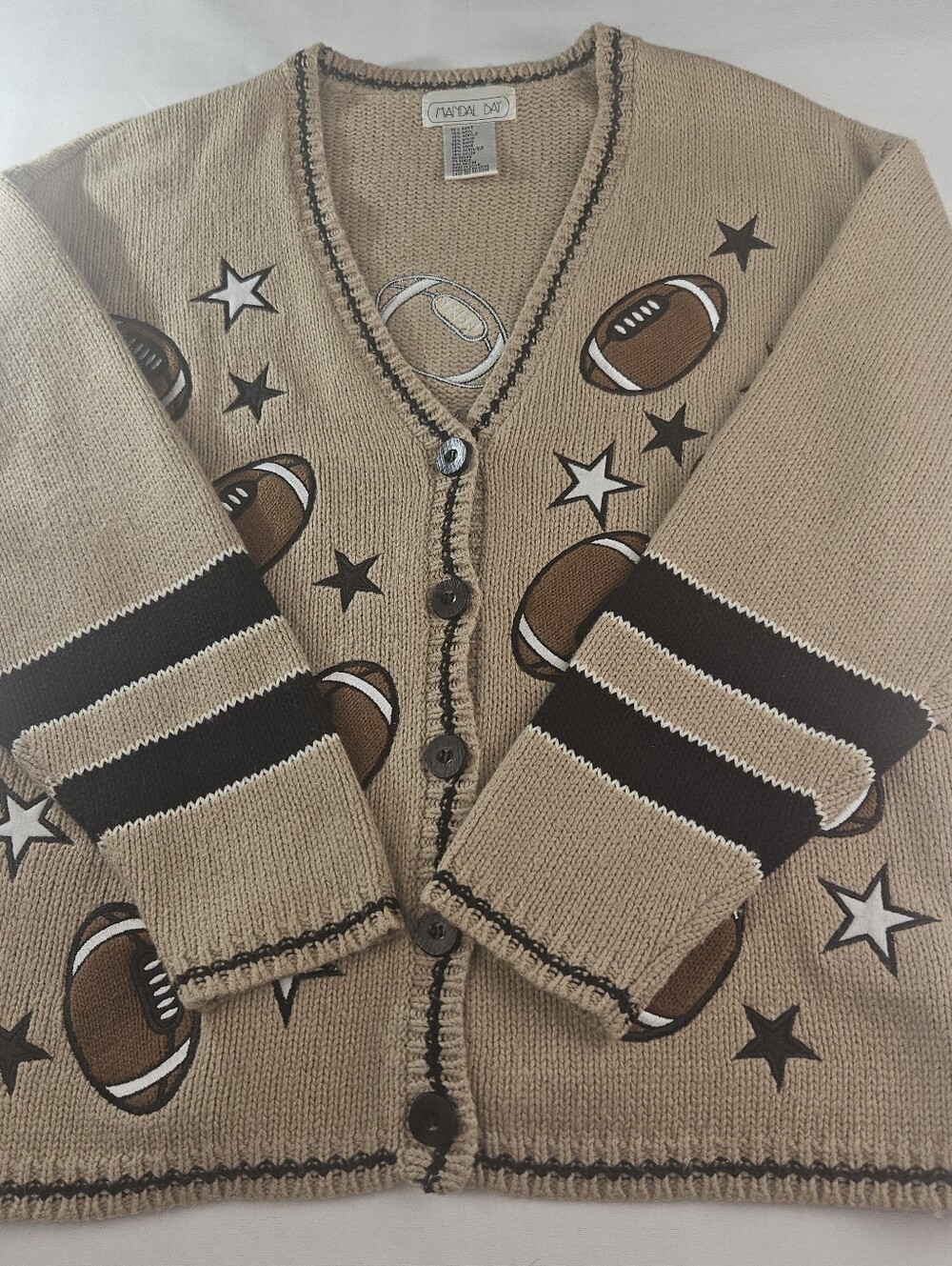 Vintage Mandal Bay Women's Tan Knit Football & Stars Cardigan Sweater Size Med